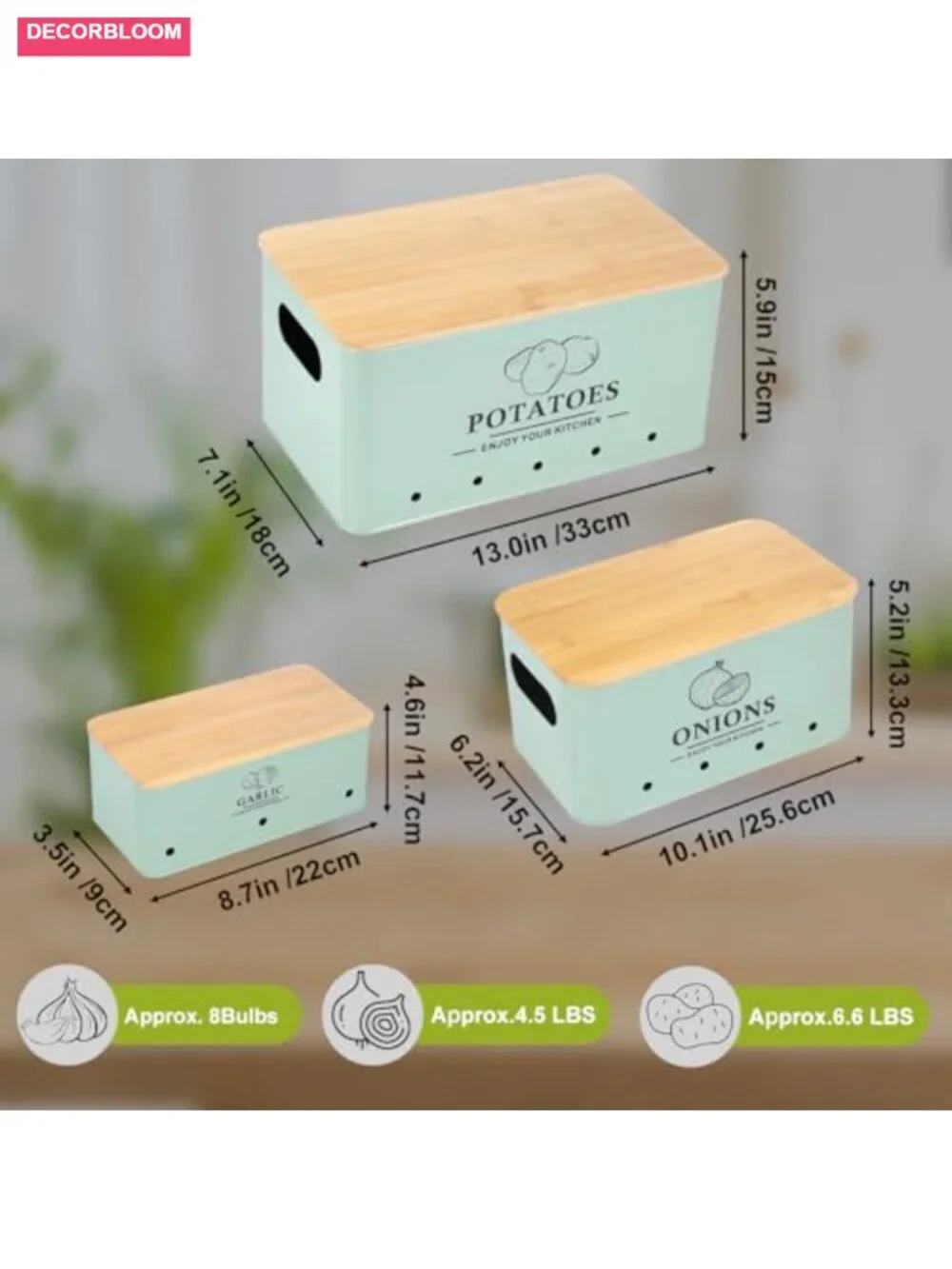 Metal Vegetables Storage Set Of 3 With Bamboo Lids Kitchen Organizer Containers